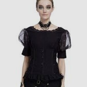 NWT Belle Poque Black Lace-Up Victorian Puff Sleeve Blouse Gothic
